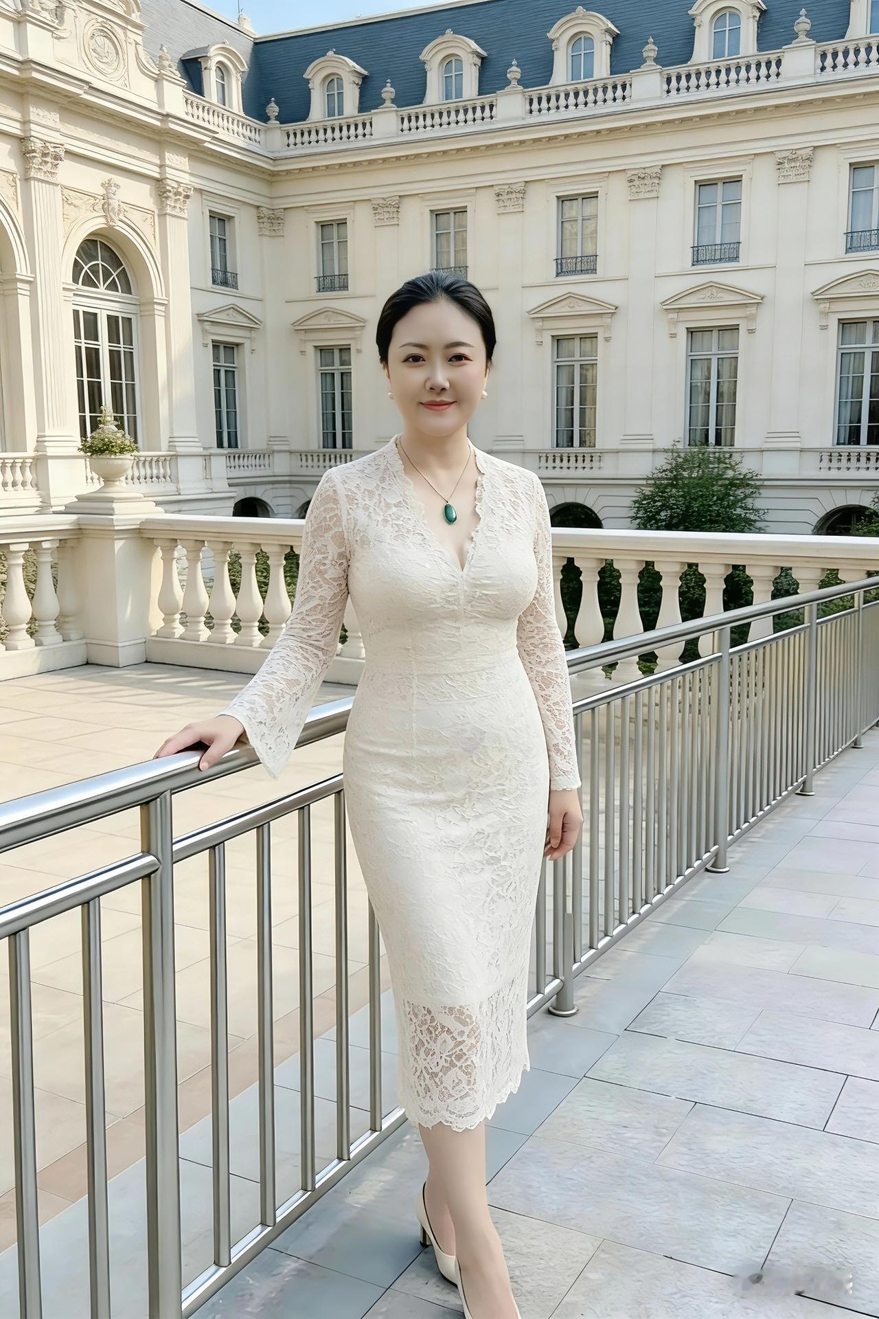 这位身着白色蕾丝长裙的女士，正站在阳台上。生得一副旺夫相的她，家里向来人丁兴旺
