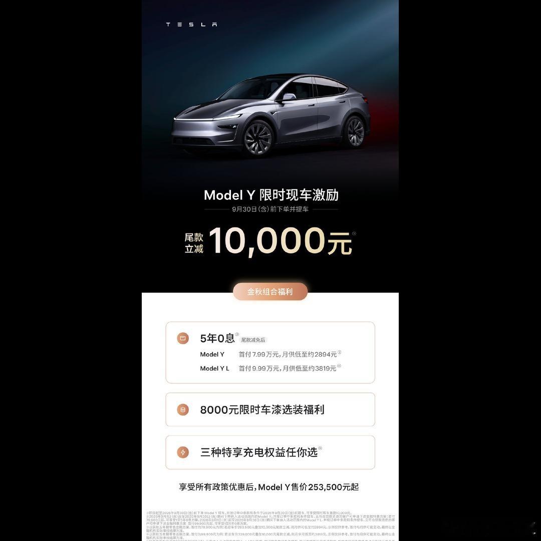 ModelY这波优惠1万，全款的可以冲，分期的先别急🚗9月30日前下单提现
