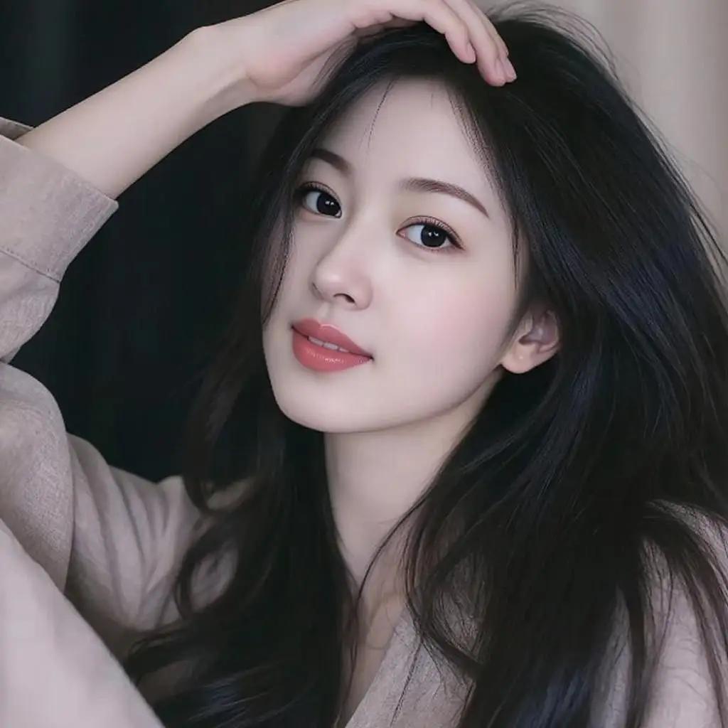 温柔甜美的少女，黑发红唇，浅笑如花温柔气质美女。