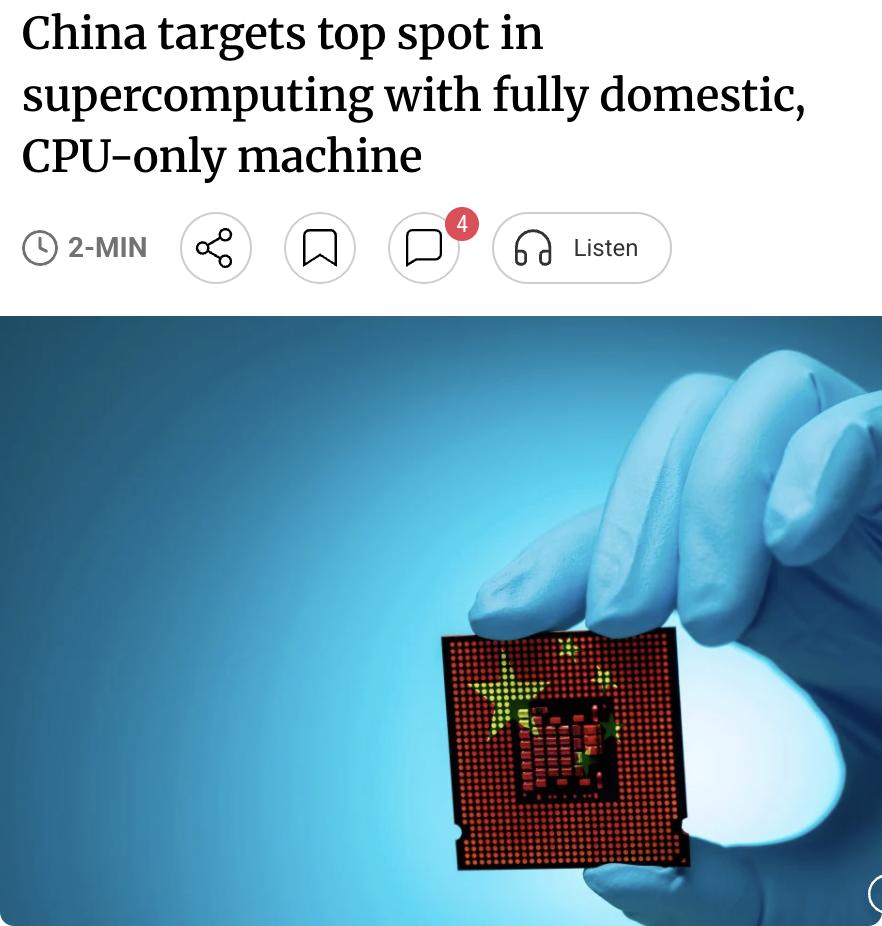 外媒：中国推出全国产CPU超算