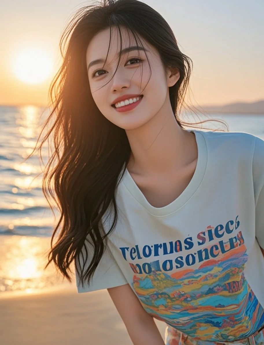 晚风轻抚面庞，她长发飘舞，沙滩上留下诗意足迹