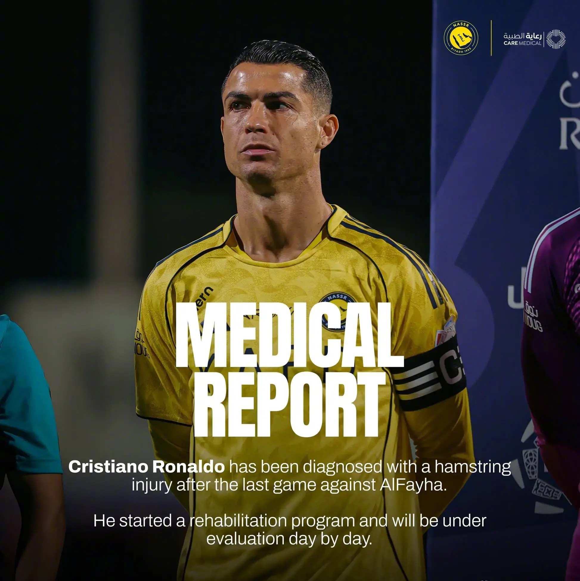 利雅得胜利官方发布公告，公布了C罗的伤情信息。C罗在上一场对阵费哈的比赛后被诊断