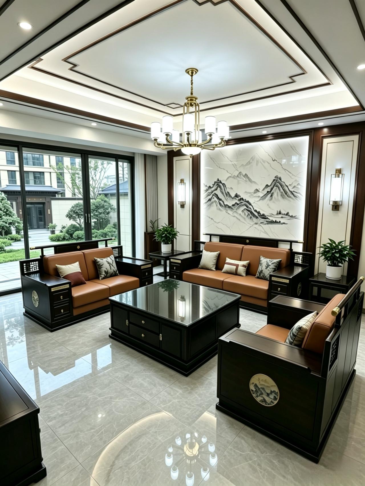 当乌金木的温润肌理，遇上新中式的利落线条，客厅瞬间就有了东方禅意的松弛感。没有