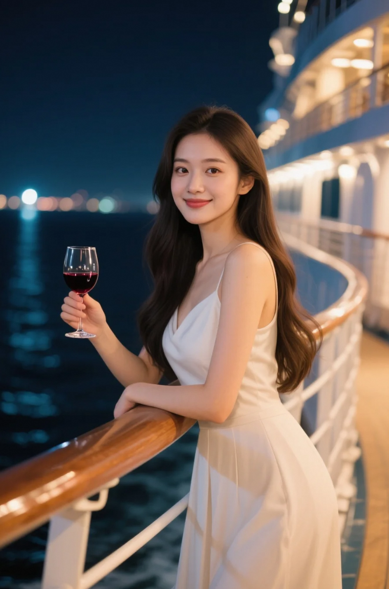 夜色游轮上，红酒与她的微笑共舞