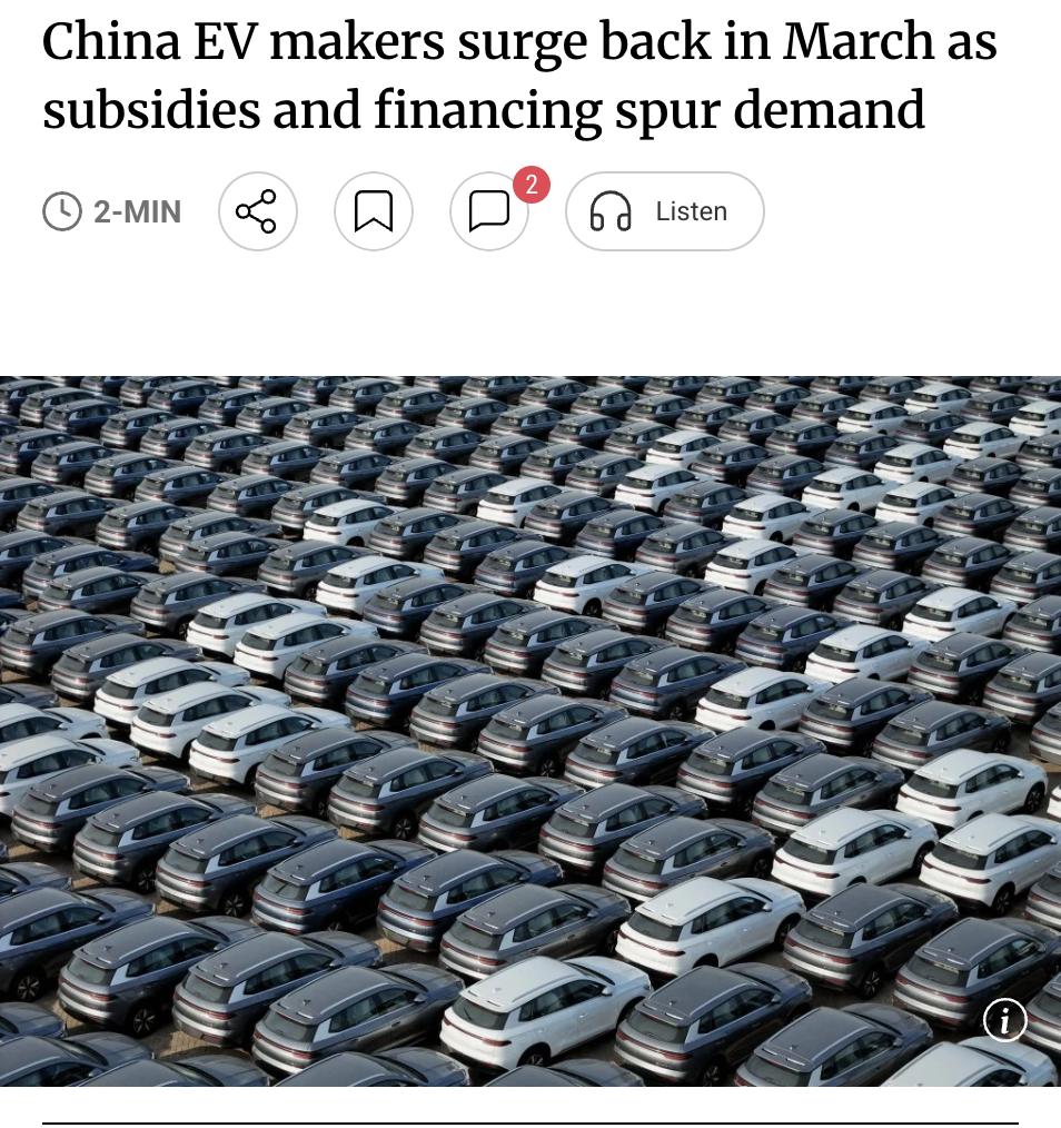 外媒：中国电动汽车制造商3月销量强势反弹，摆脱年初低迷态势，地方补贴和激进金融激