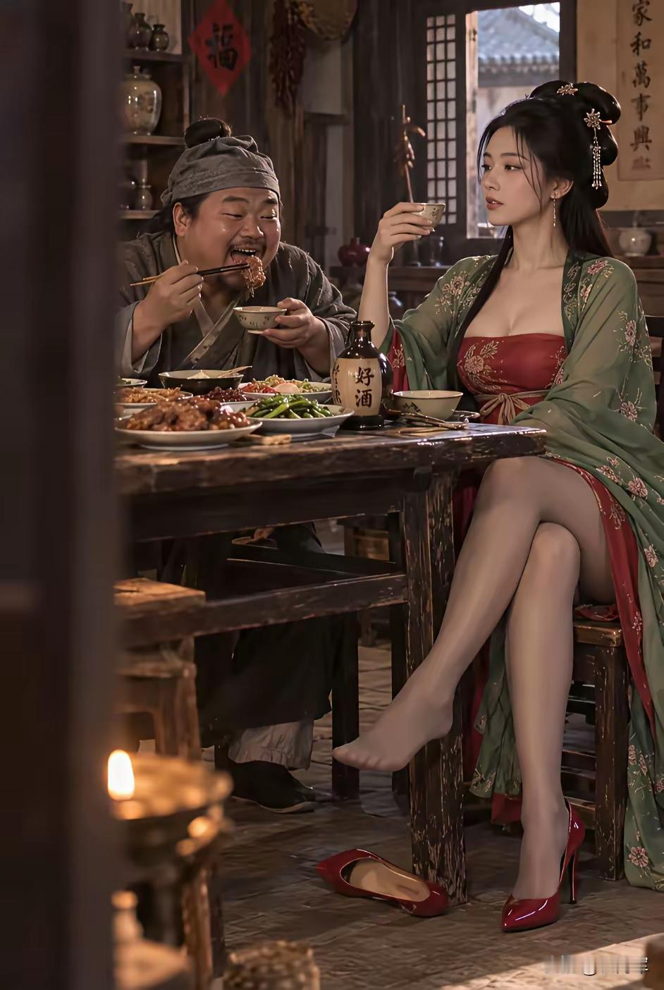 有缘娶到美娇娘，叫卖吹饼每日忙。三餐不缺酒和肉，幸福生活绝对强。金莲生来