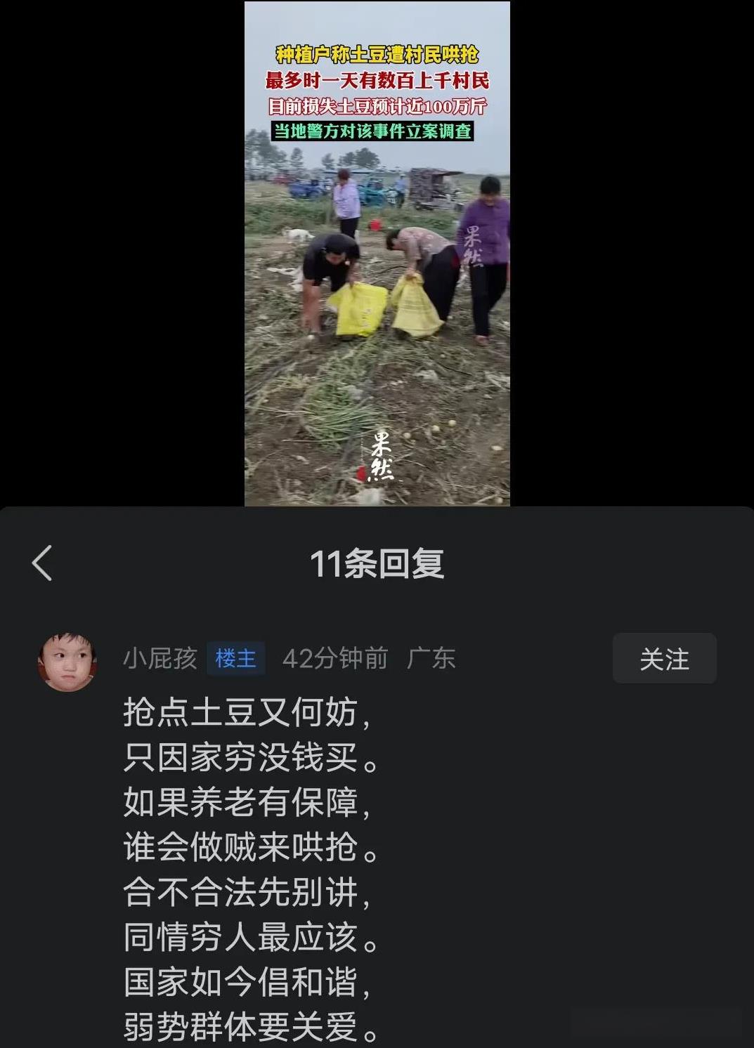 真是什么人都有啊！还有支持抢土豆的，自己没钱就可以抢别人的东西。这是什么逻辑。别