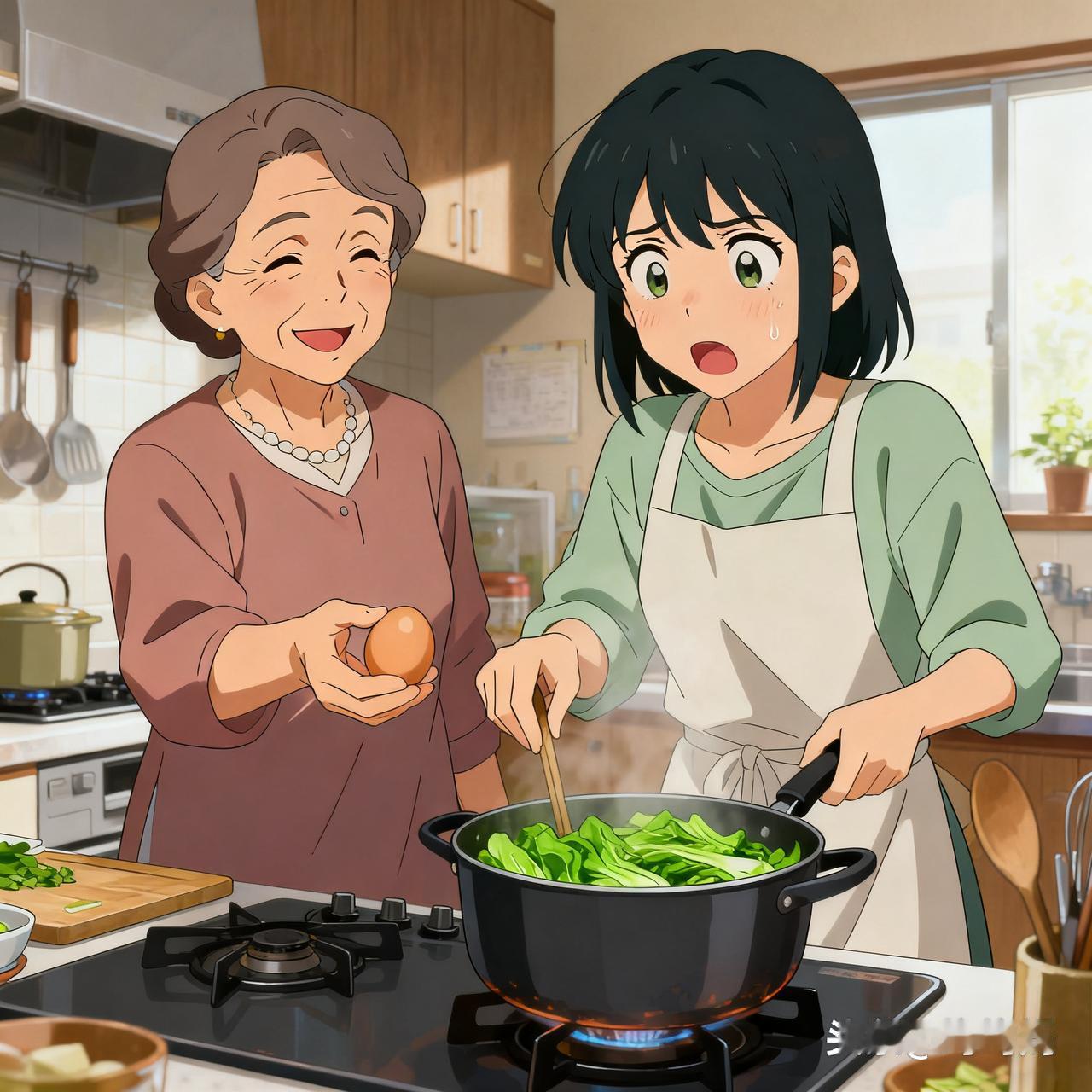 我炒糊青菜，婆婆的反应绝了老公加班不在家，我给婆婆炒青菜，一不小心盐放多了！我