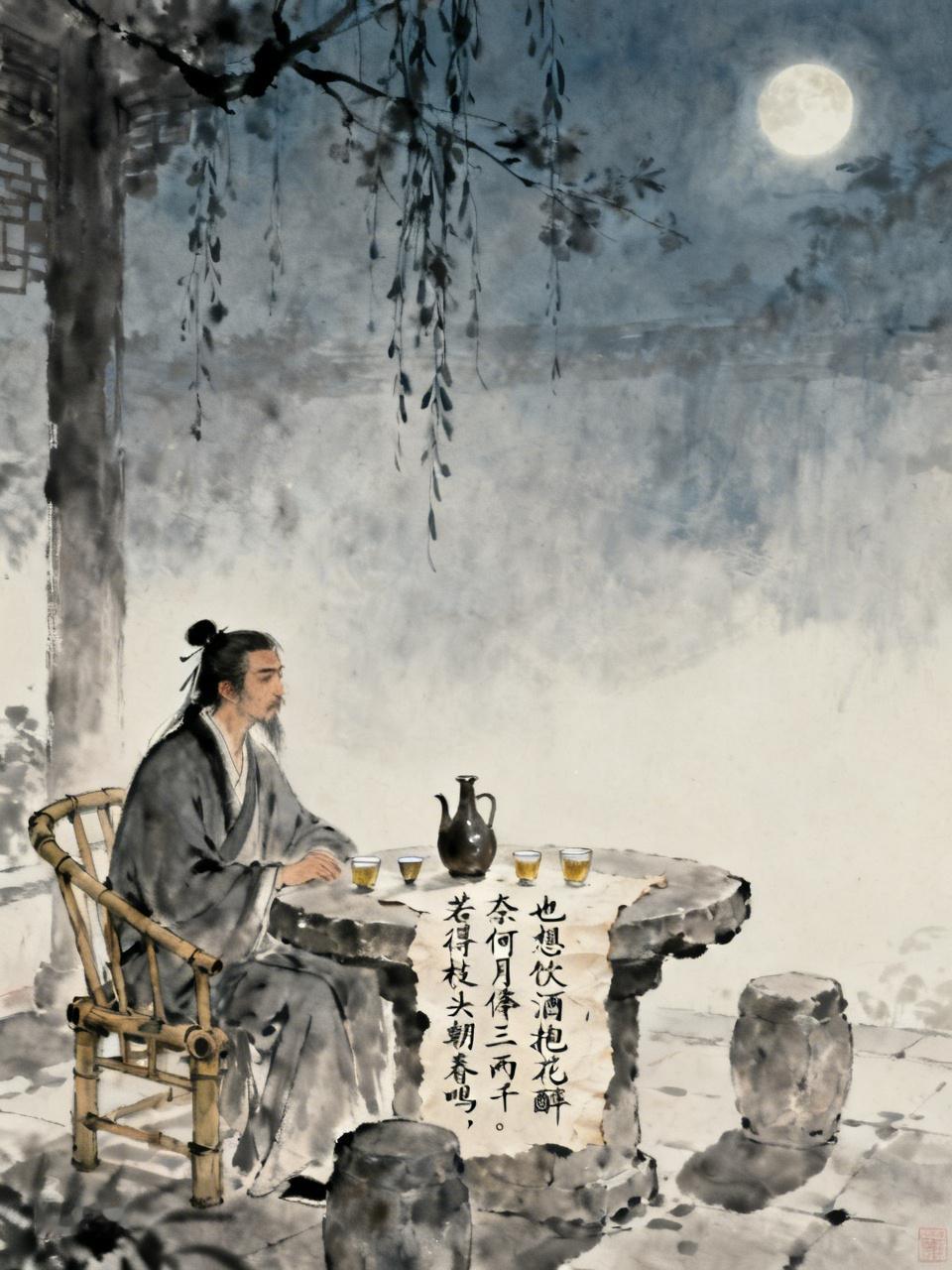 一落魄书生夜来无聊，自斟自饮。几杯黄酒下肚，忽来诗兴。掷杯吟诵，写了三句诗。