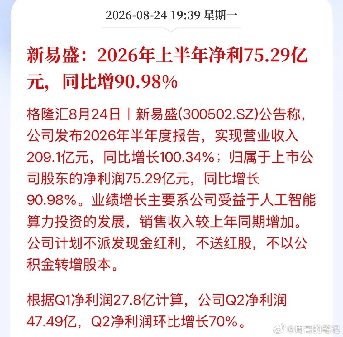 能扶的起来了吗？“易中天”的新易盛半年报来了营收翻一倍，净利润增长90%！较一季