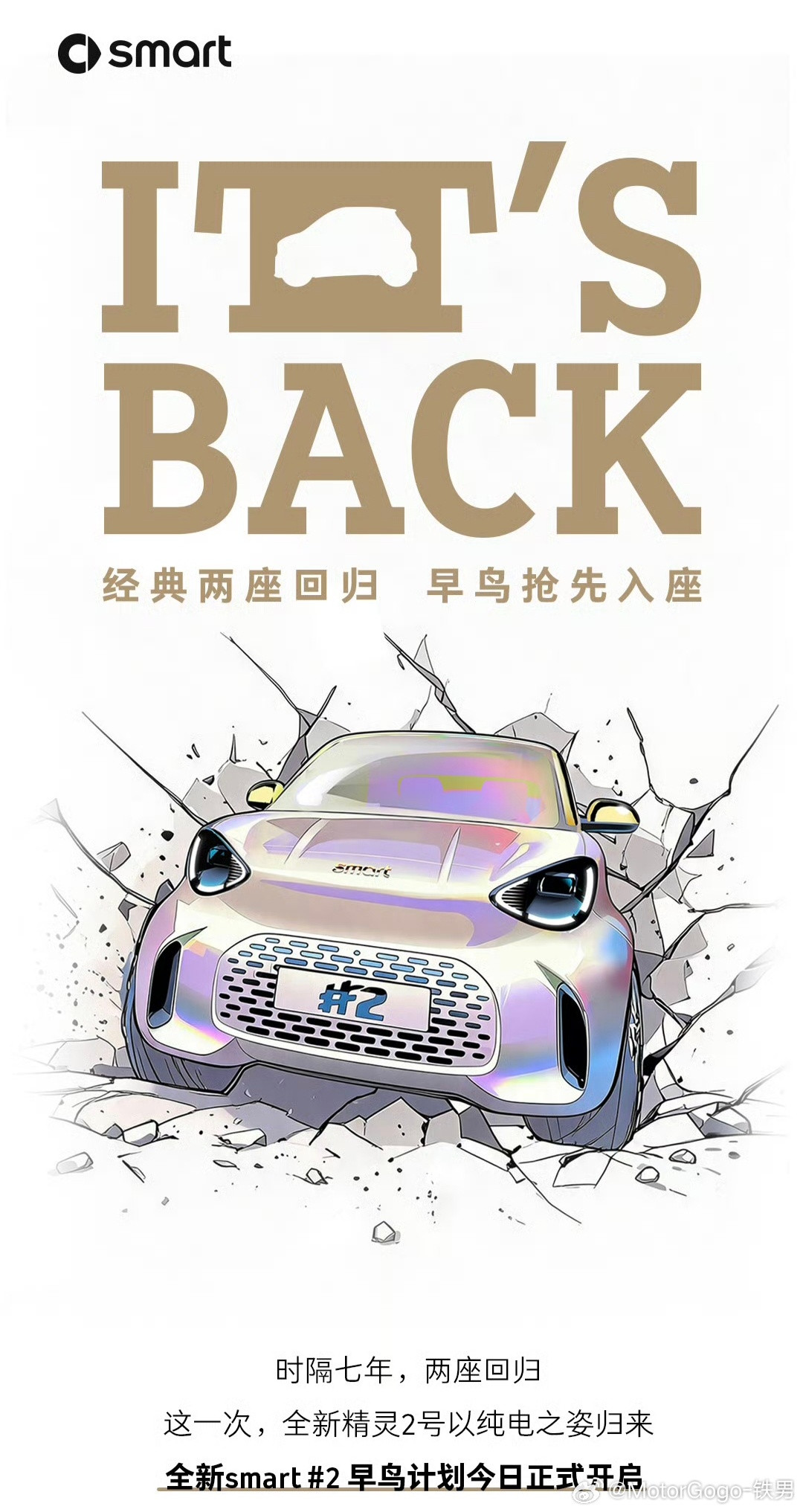 经典fortwo，全新smart精灵2开启早鸟盲订。10月巴黎车展全球首发，11