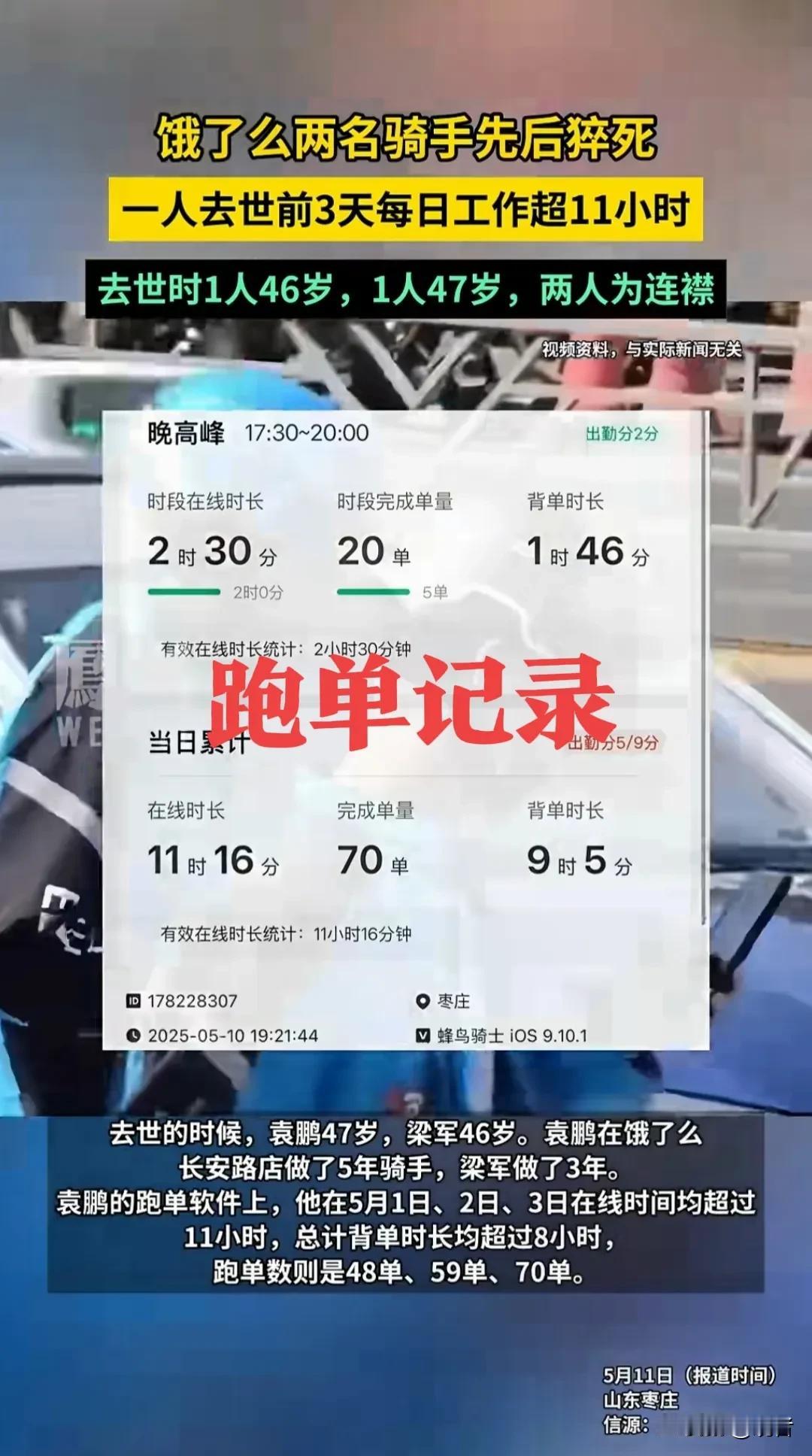 山东枣庄，猝死的2名外卖骑手，梁军，倒在4月23日，他的姐夫袁文，倒在5月4日！