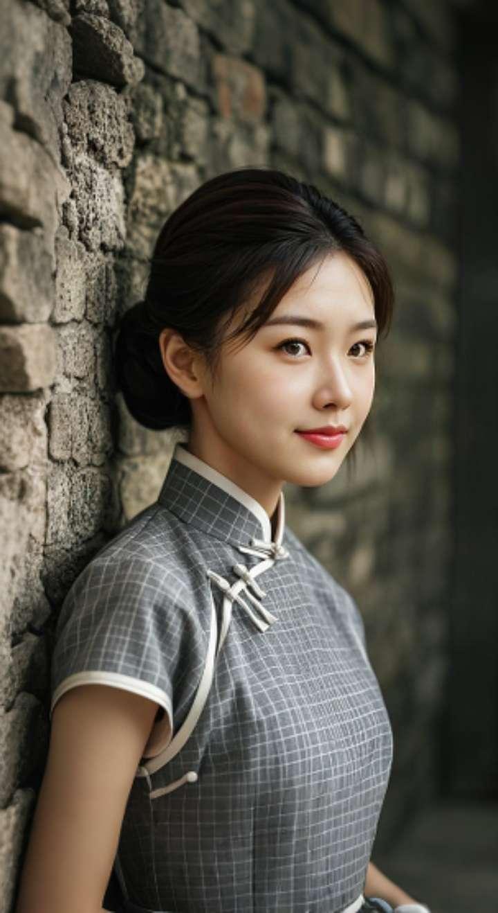 AI扩图AI灰格旗袍韵