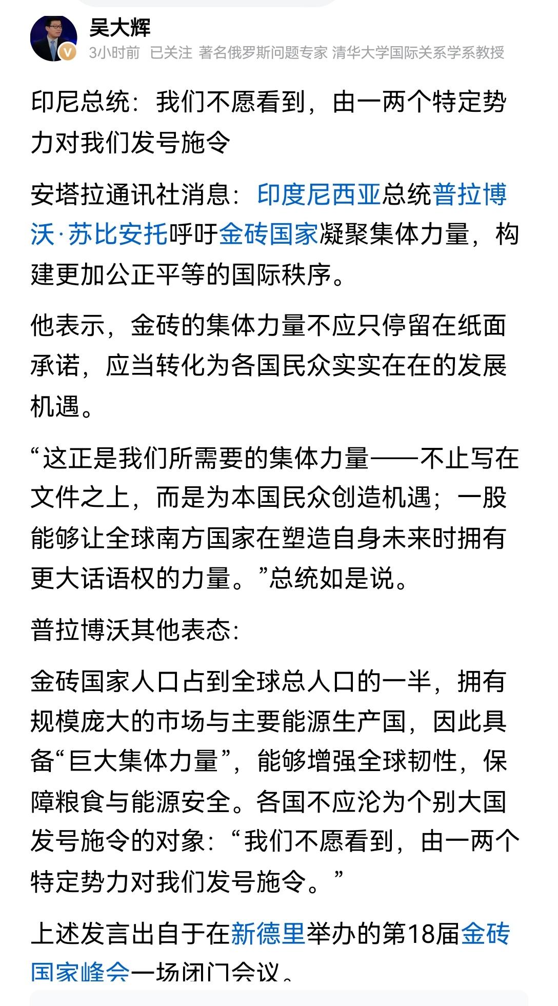 【小国的团结：印尼总统在金砖国家会议呼吁团结，不能让一两个特定势力对其他国家发号