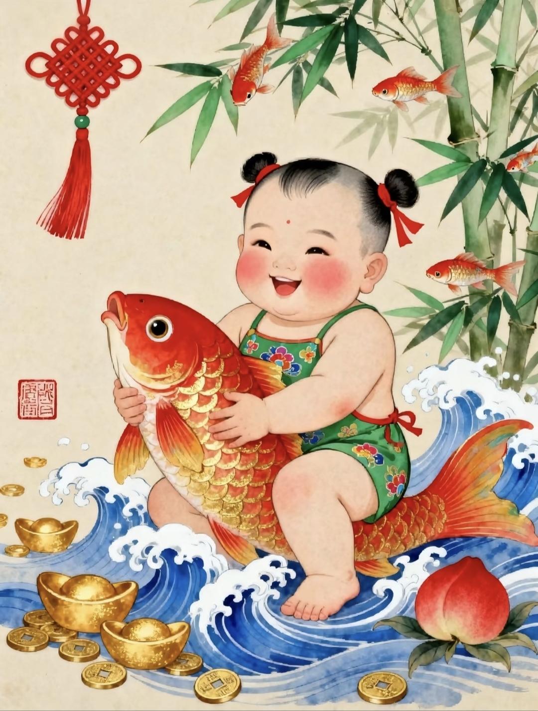 好运连连·年年有余·五谷丰登·富贵吉祥|年画娃娃传统文化绘画