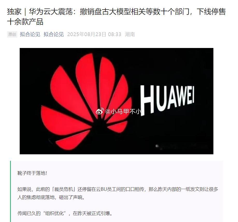 媒体爆料，华为云大震荡：撤销盘古大模型相关等数十个部门，下线停售十余款产品太意外