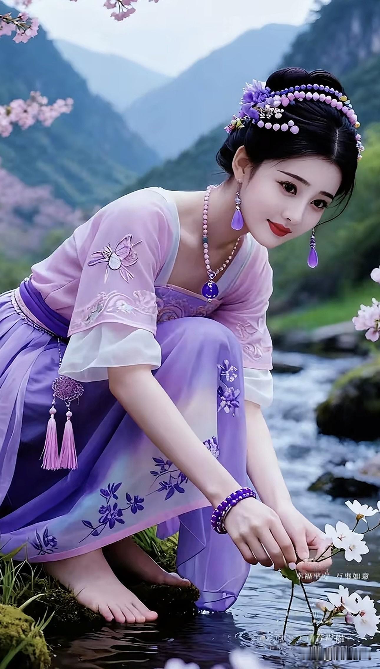仙气飘飘的汉服少女，置身山水间，宛如画中人。