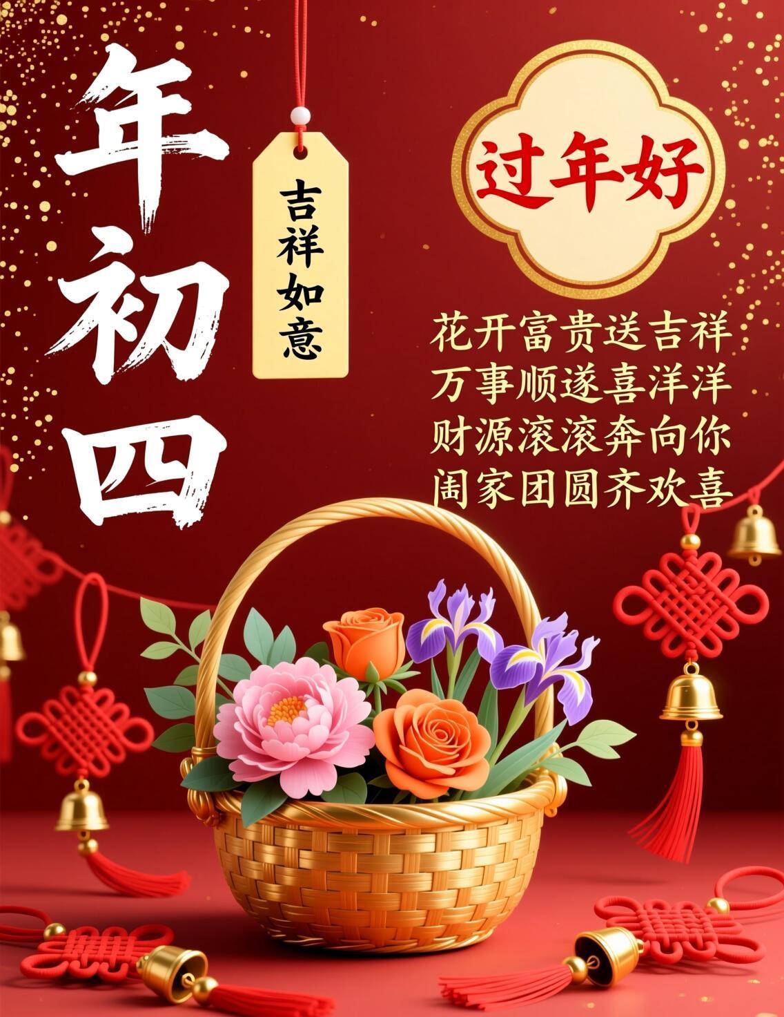 大年初四迎福纳祥，花开富贵喜满堂。财源滚滚阖家欢，平安如意岁岁昌。传统文化祝福