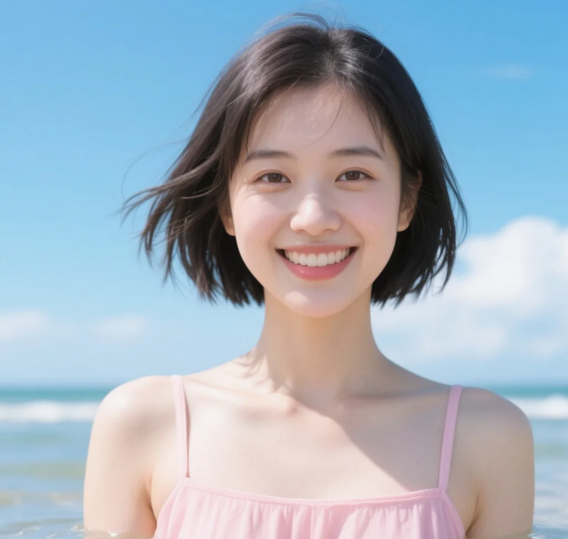 碧海蓝天，短发美女穿碎花连衣裙海边漫步