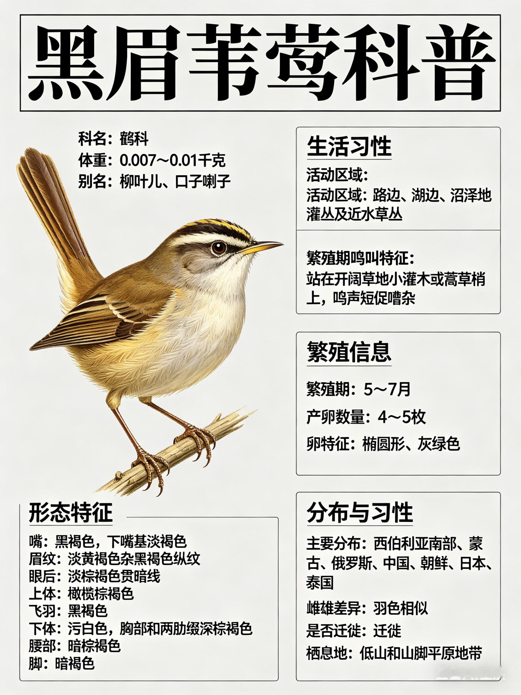 鸟类朋友图鉴黑眉苇莺科名：鹟科体重：0.007～0.01千克别名：柳叶儿、口子