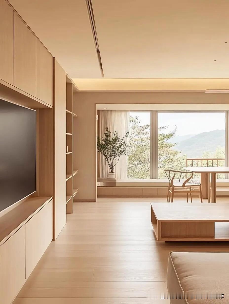 极简原木风的全屋定制家具关键在于柜体，门板材质的选择和色彩的运用。