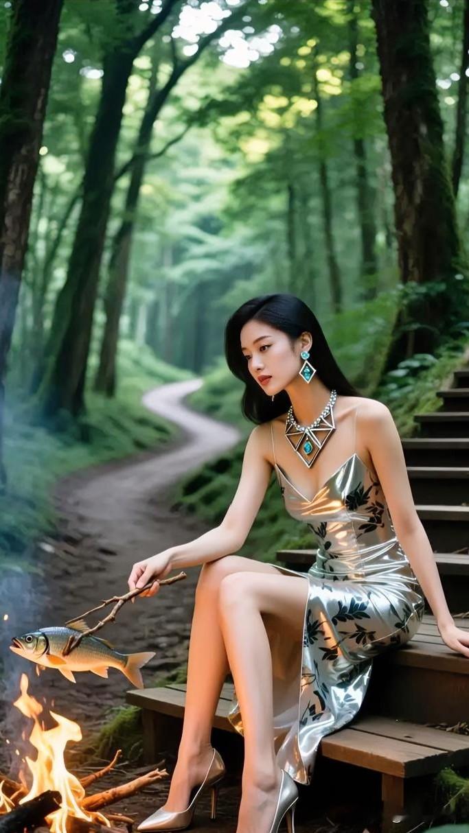 森林中的时尚美女，优雅与自然完美融合。