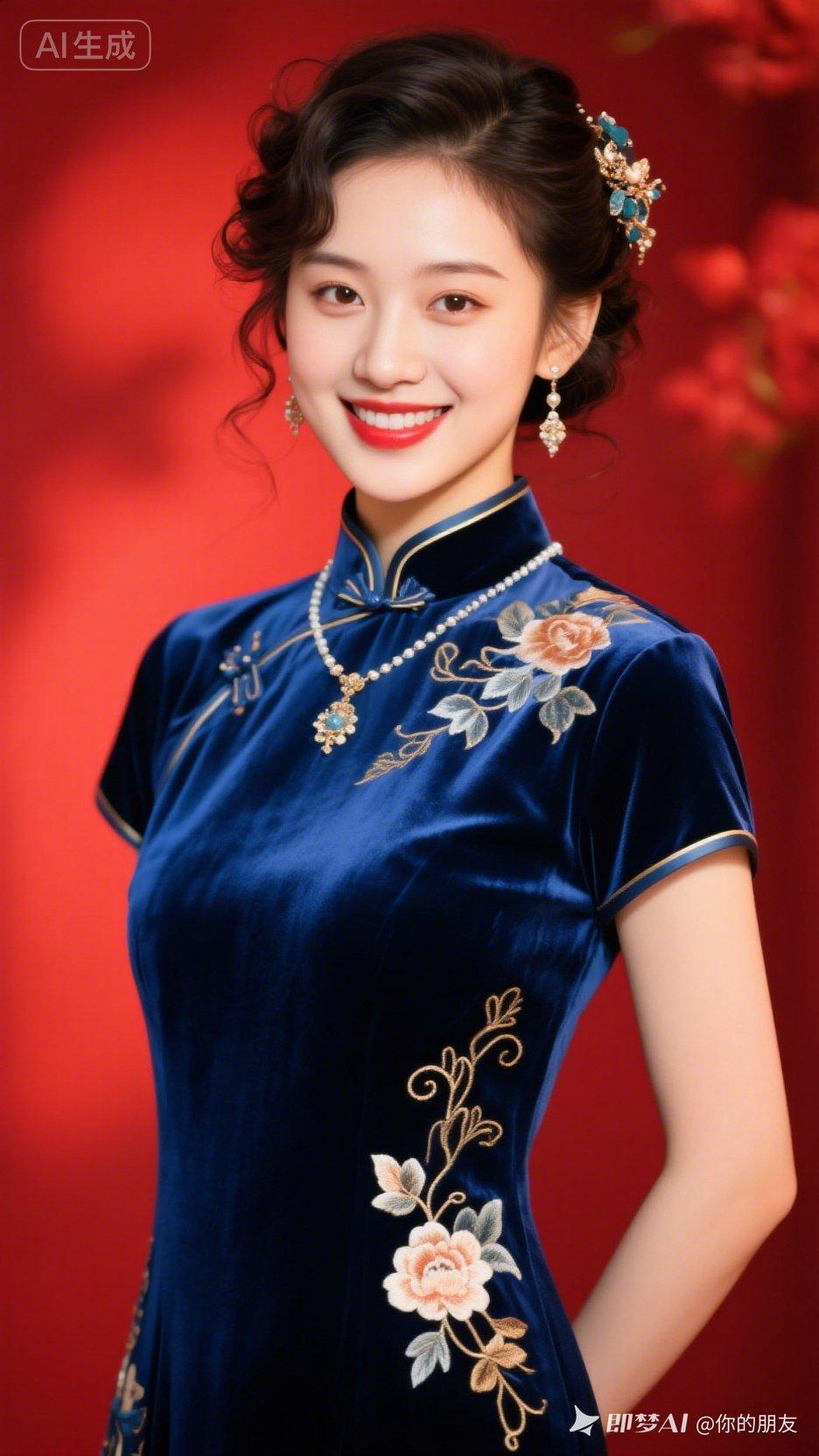 这位女士穿着华丽的旗袍，笑容灿烂。