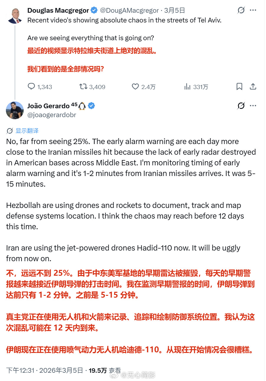 网上有巴西的军事爱好者讨论以色列特拉维夫街头混乱，声称公众仅看到25%的真实情况