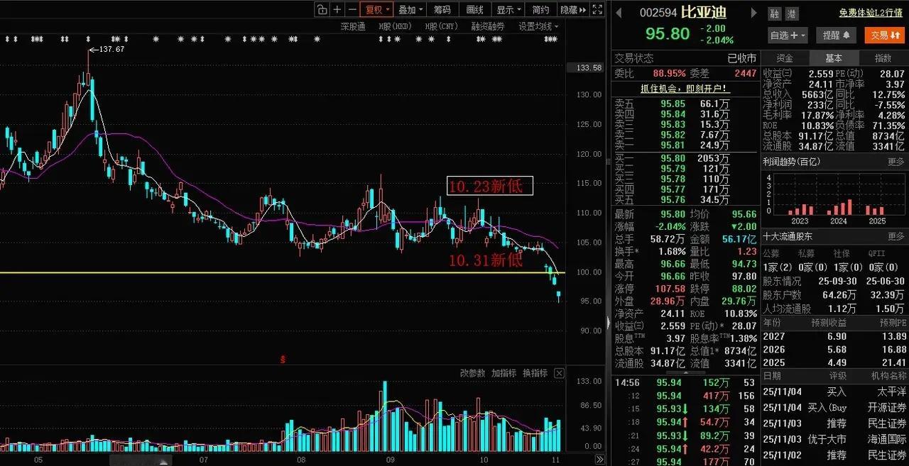 比亚迪这是怎么了？股价一路下跌，每天新低，日线5连阴，跌破100元重要关口支撑。