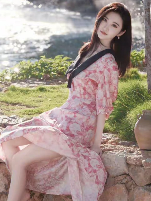 景甜粉色碎花裙写真太绝了，赤脚踩木台美成春日油画