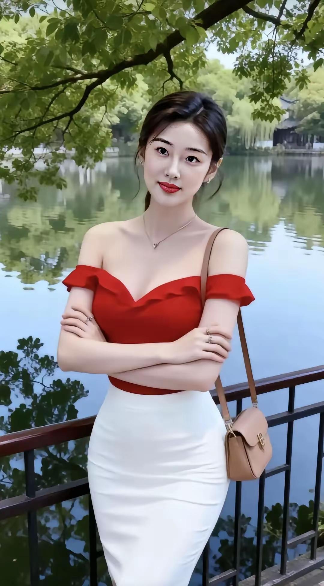 美女站立湖边红衣似火，热情又张扬，在微风中轻轻飘动，就像燃烧的火焰。白裙则如那轻