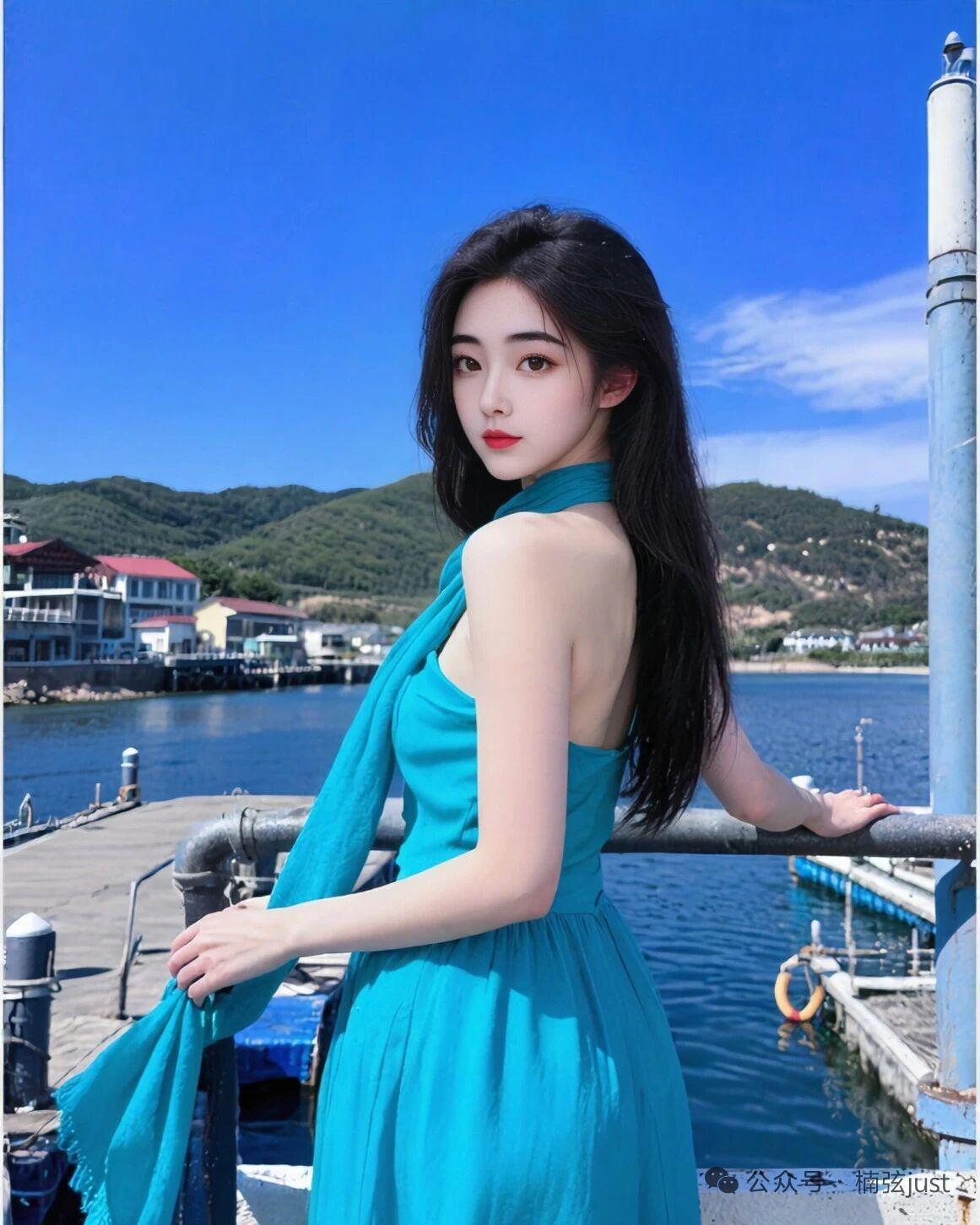 晒图笔记大赛碧海蓝天下的少女倚栏站立，惊艳的蓝裙与海风相映成趣。