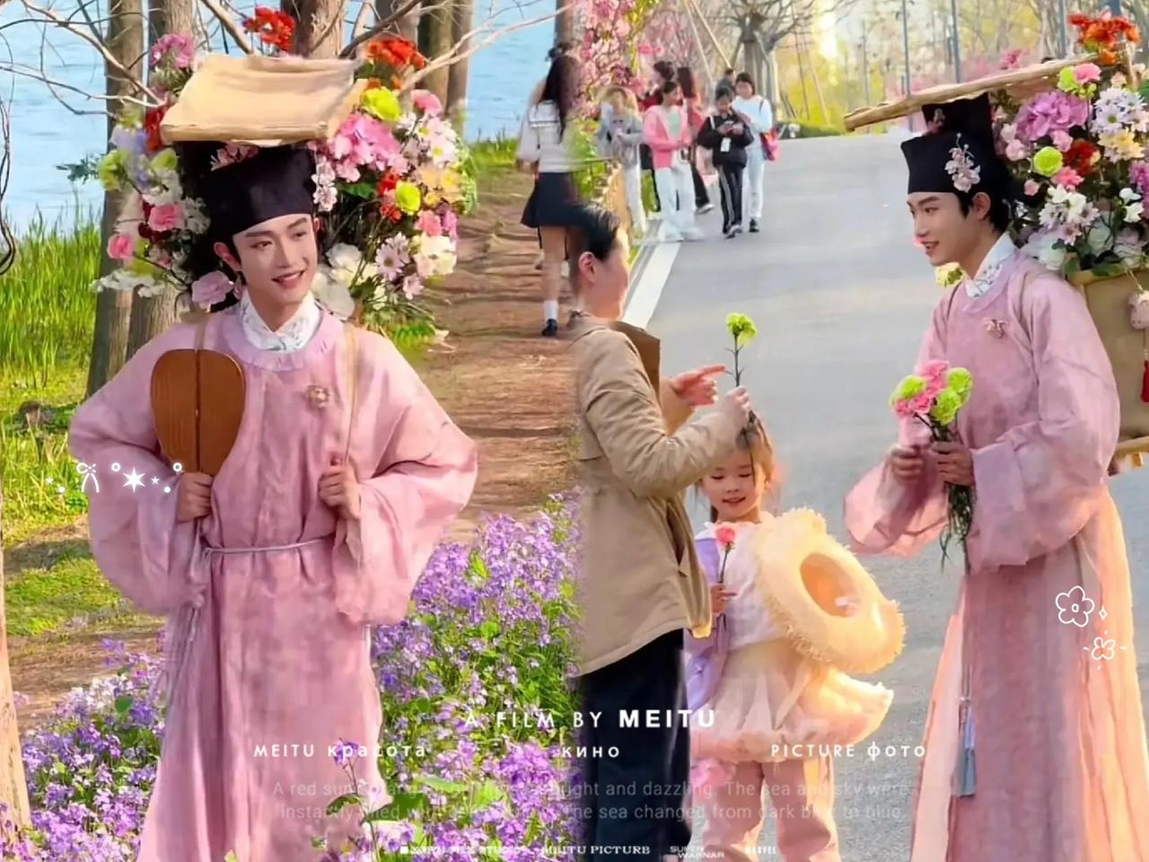 谁懂啊！西湖春日最惊艳的风景，居然是这位粉色古装少年！一身温柔古风穿搭，背