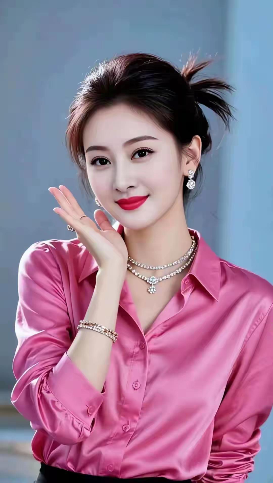 优雅粉衬衫，闪耀珠宝配饰，自信微笑，魅力无限！💄✨