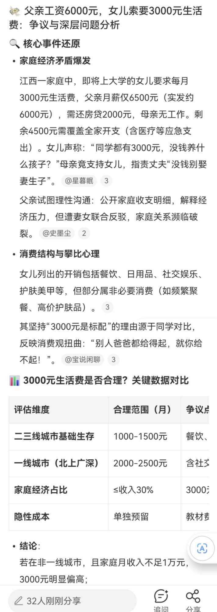 父亲工资6000女儿要3000生活费这不是该的吗？他女儿上大学之前怎么教的，上大