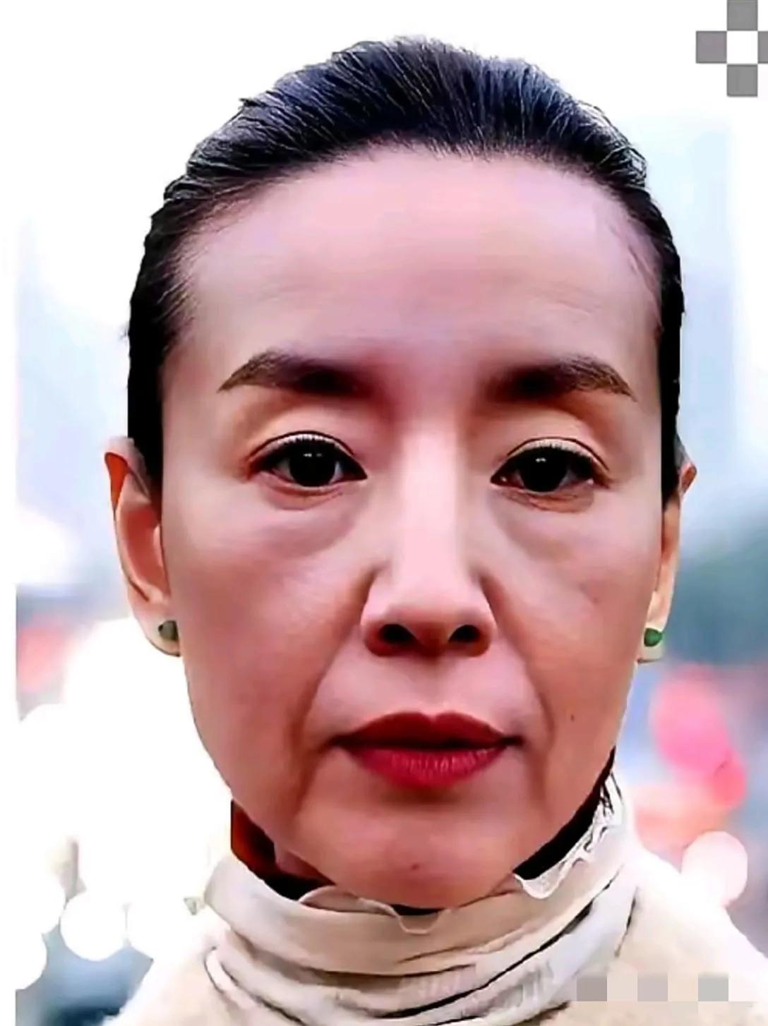 董洁也花容失色啦：脑袋脸型狭长，发际线后移，法令纹深刻，眼袋一览无余，额纹清晰，