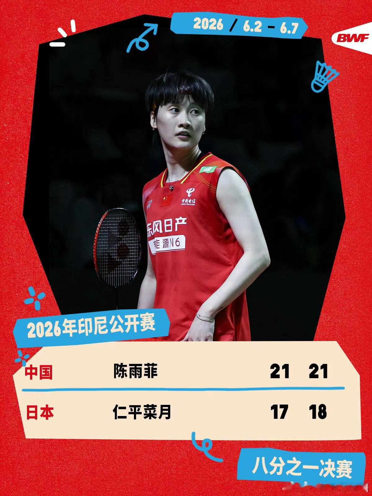 陈雨菲2比0胜仁平菜月2026年印尼羽毛球公开赛，陈雨菲2-0(21-17、2