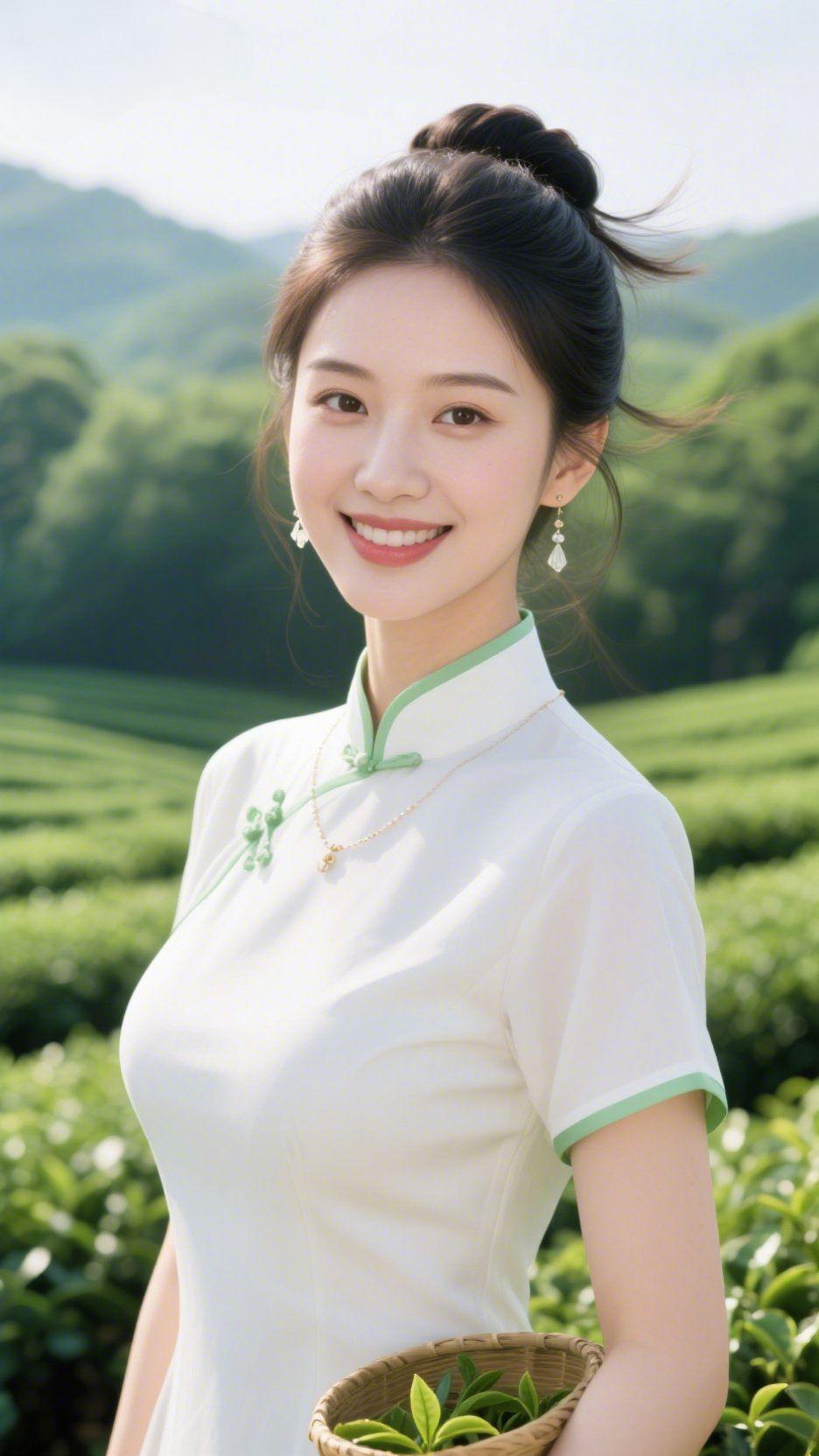 茶间素衣染青柔茶山风裹着新叶的清甜漫过，她像把晨雾的素白织进衣间——白襟缀