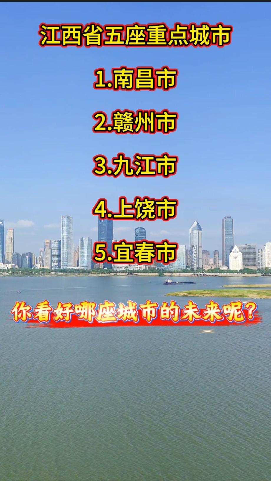 江西省五座重点城市1.南昌市2.赣州市3.九江市4.上饶市5.宜春市