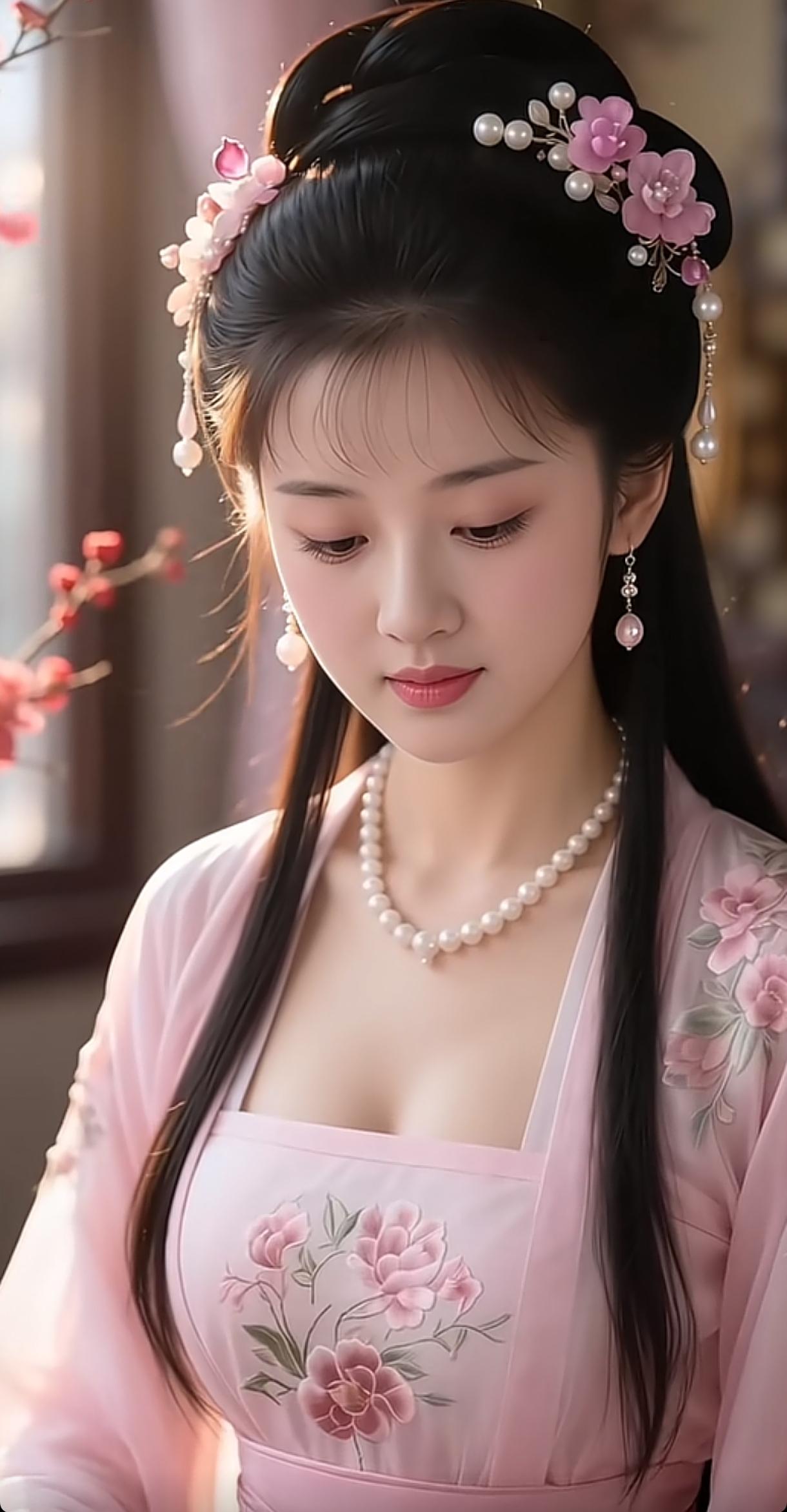 古典美人，粉衣花饰，珠光宝气，韵味十足今日分享随手拍照片古典温婉美女古典国风