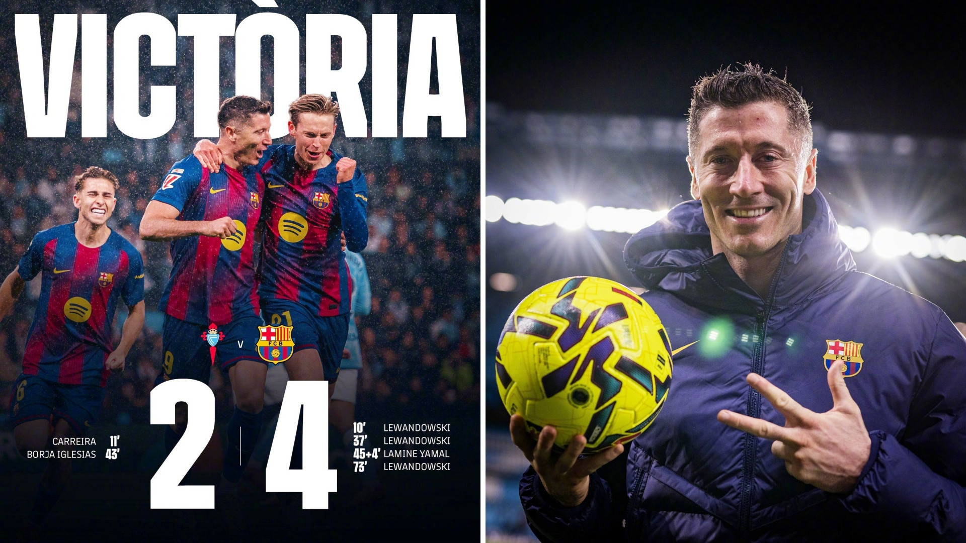 西甲：巴塞罗那客场4-2击败塞尔塔，联赛两连胜落后榜首3分。莱万完成戴帽，亚马