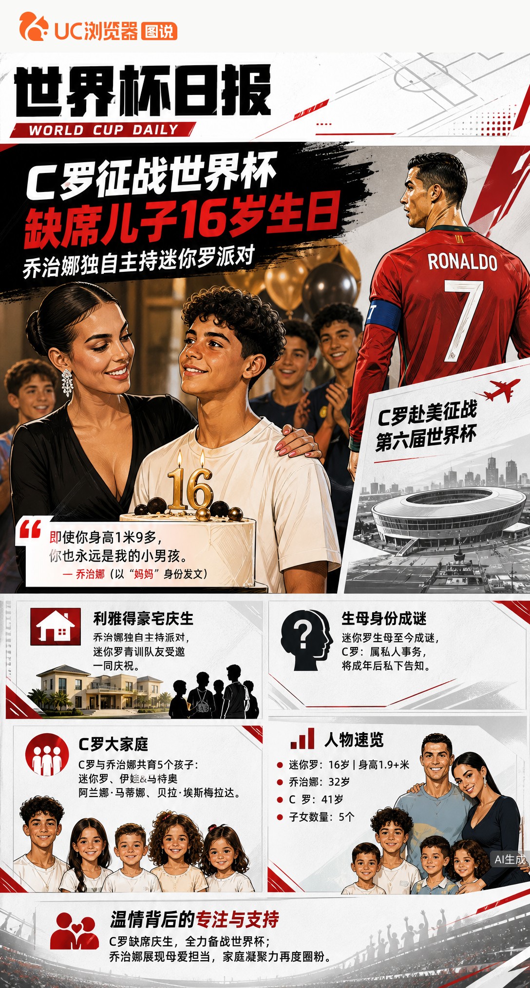 C罗征战第六届世界杯缺席！乔治娜独自主持迷你罗16岁生日派对
