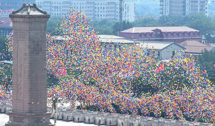 #8万只气球100%可降解#【纪念大会现场放飞和平鸽和气球】9月3日，纪念中国人