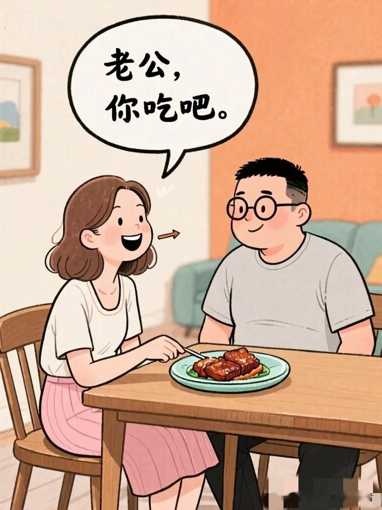 搞笑漫画：老婆看着桌上最后一块红烧肉，咽了咽口水：“老公，你吃吧。”老公感动：“