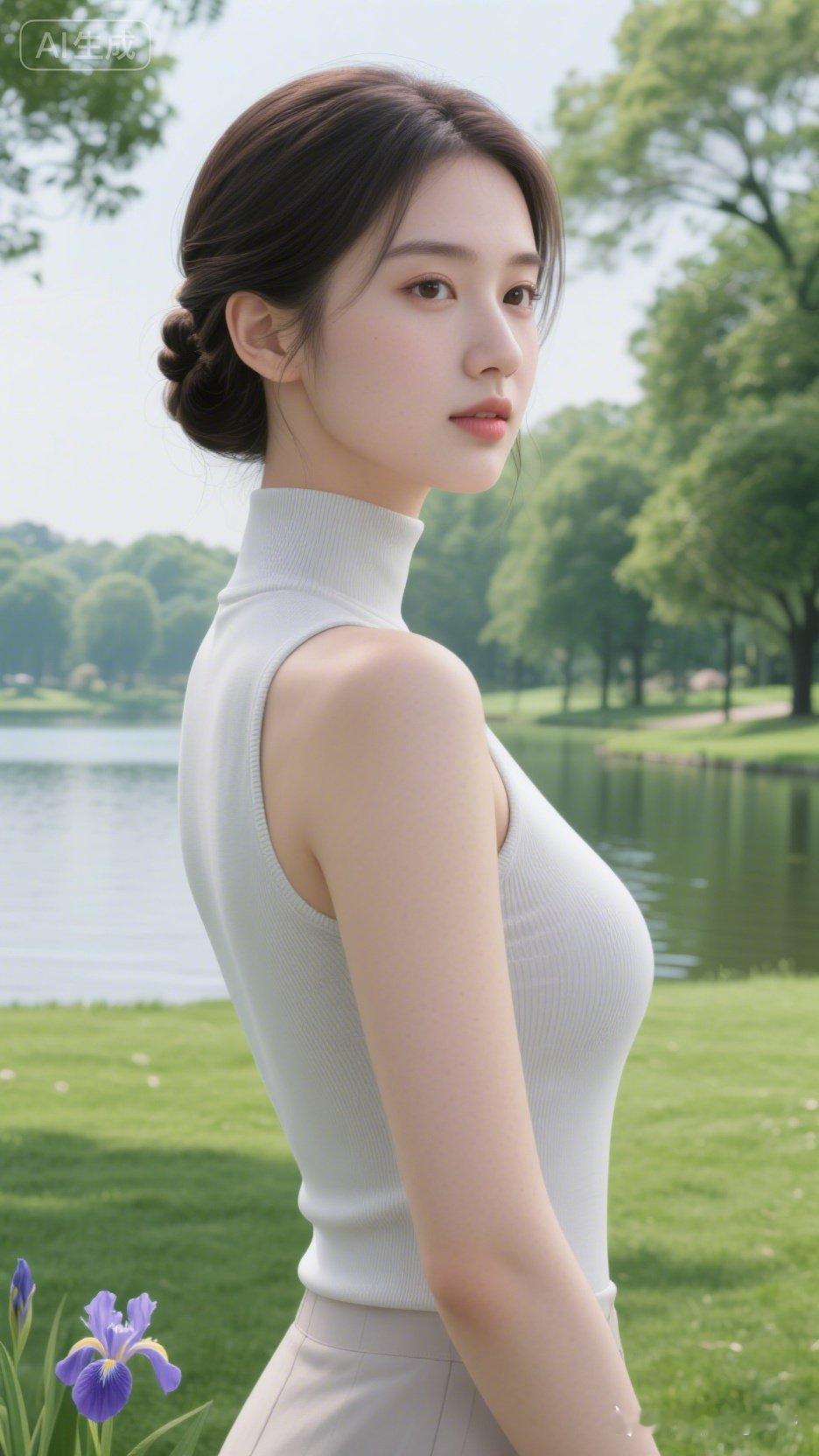 优雅白裙，湖畔静谧，气质如兰。