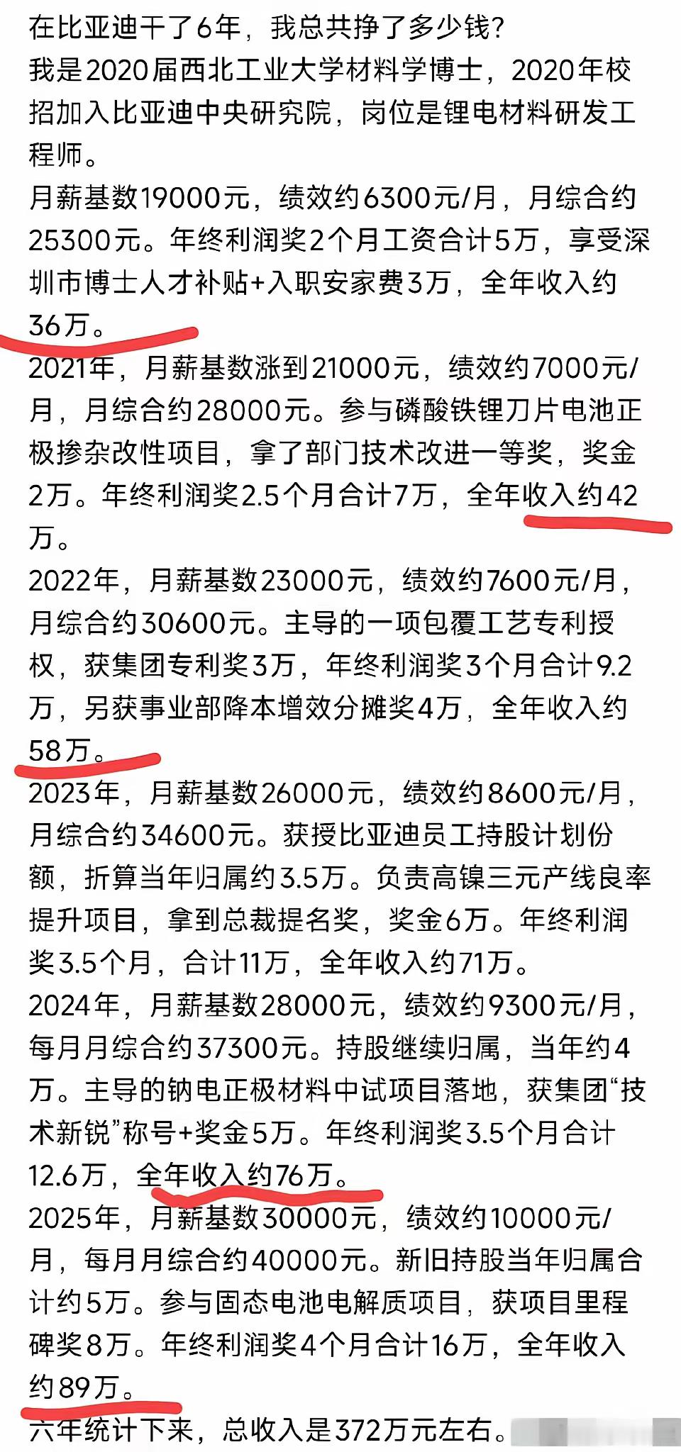 比亚迪6年372万，别只聊普工薪资，比亚迪研发的收入是什么水平?刷到一位比亚迪博