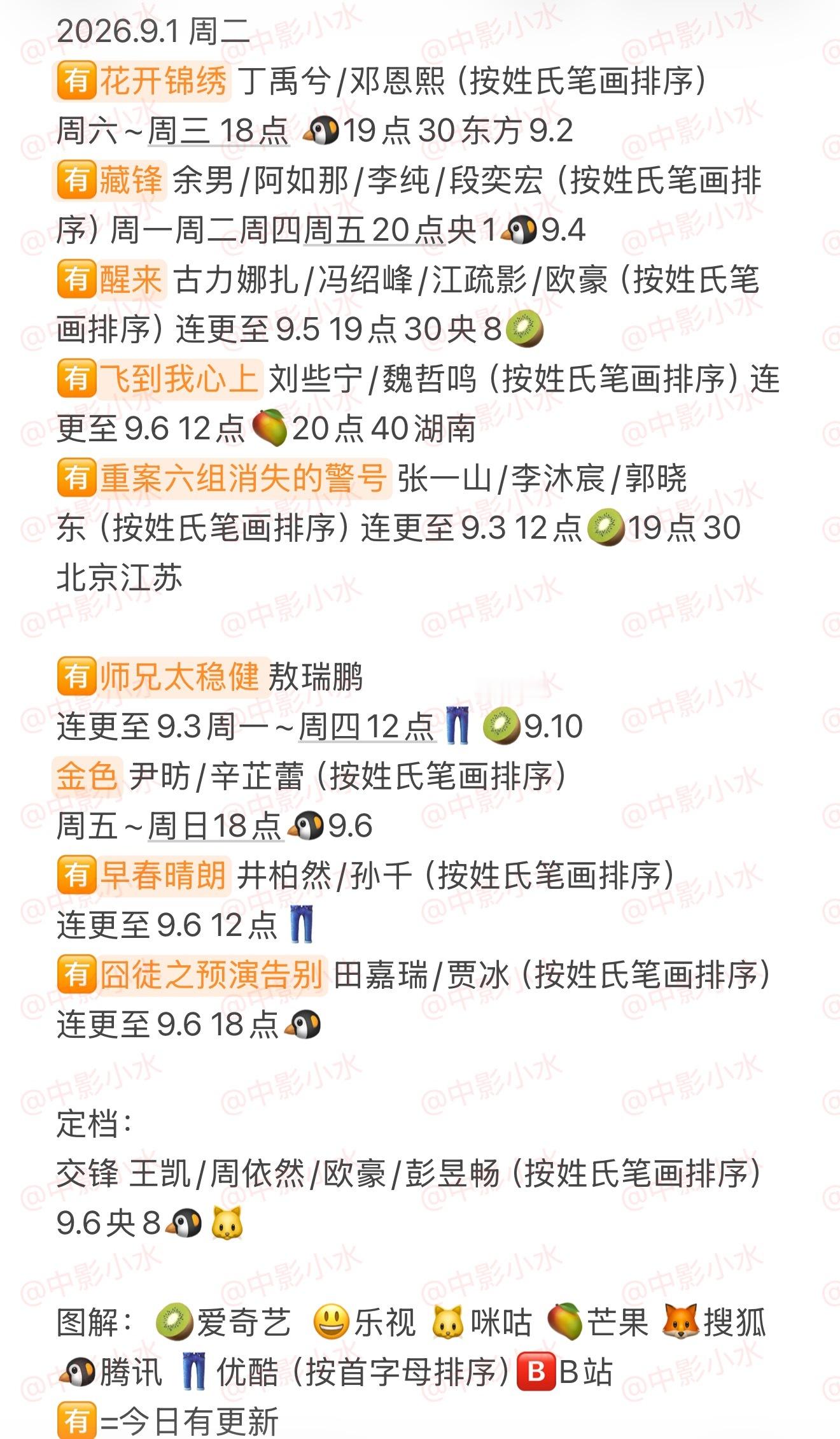 #拯救剧荒#9月1日，今晚看点啥？？图1追剧日历图2综艺日历图3已完结剧集🈶花开锦绣丁禹兮/邓恩熙
