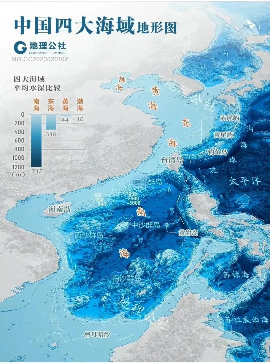 我国四大领海的地形图，可以清楚看到，只有南海是最深的，也是最大的，油气资源和海洋