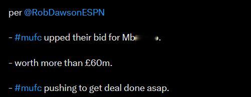 ESPN的RD曼联提高对姆贝莫的报价，总价值超过6000万镑球队会尽快推动完成交