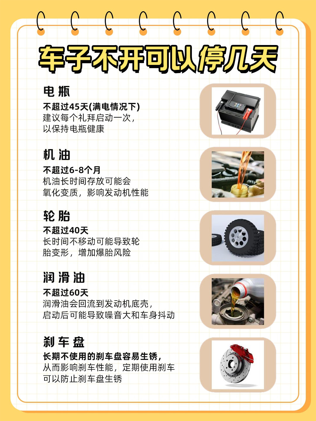 长时间不开车千万别随意停放，各个零部件都有安全停放期限。满电的电瓶最多静置45天